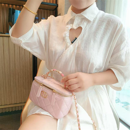 C Series · Genuine Leather Quilted Vanity Bag with Beaded Chain Handle – 4 Colors | Mini Makeup & Handheld Box Bag | Greenyuna