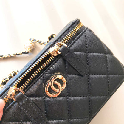C Series · Genuine Leather Quilted Medium Vanity Box Bag – Pearl & Chain Strap | 4 Colors | Greenyuna