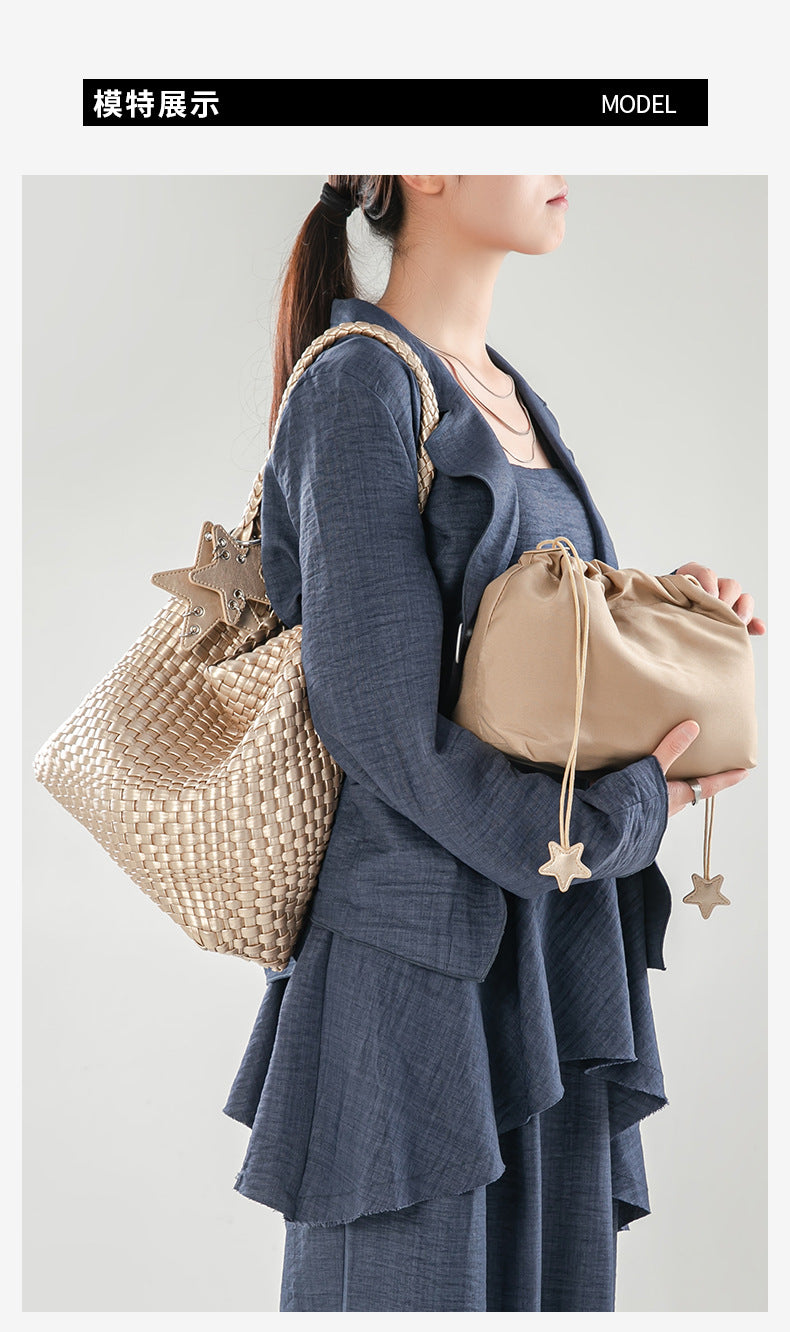 D Series Large Woven PU Tote Bag – 30cm with Star Detail and Top Handle