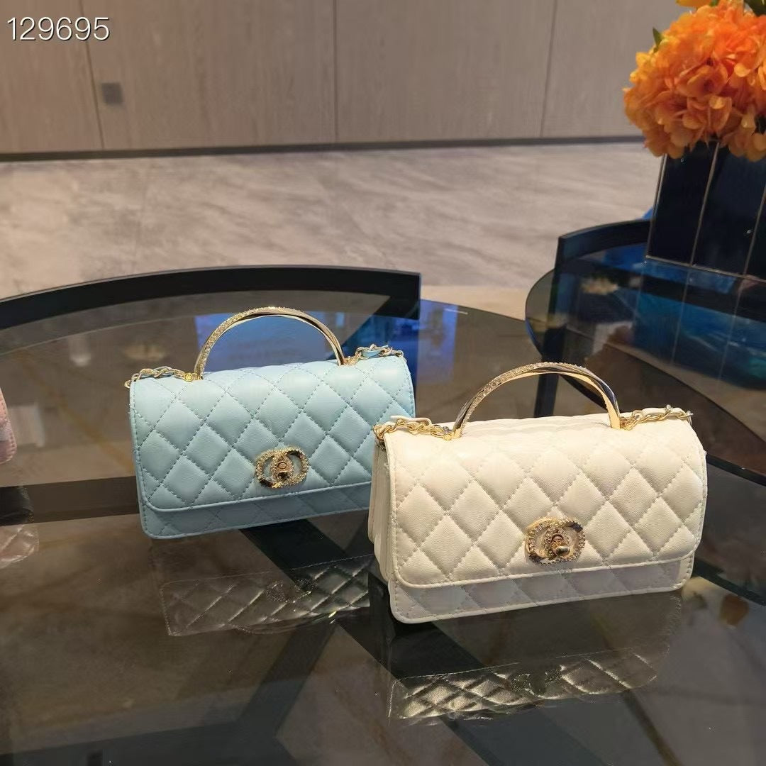 C Series | Genuine Leather Quilted Top-Handle Mini Bag – Golden Metal Frame Design