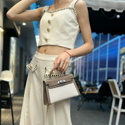 H Series 22 cm Canvas-Panel Structured Bag – Model 2011 | Silver Hardware