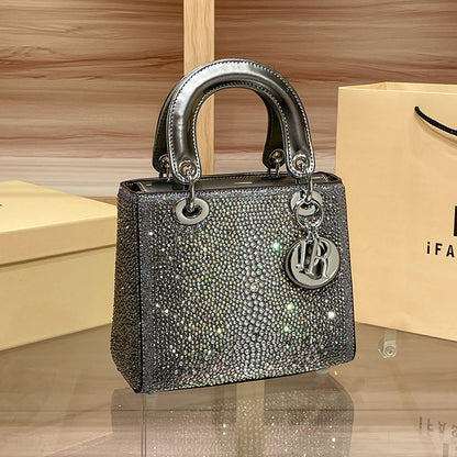 D Series Crystal-Embellished Mini Handbag – 27.5cm Small Bag with Gold or Purple Finish