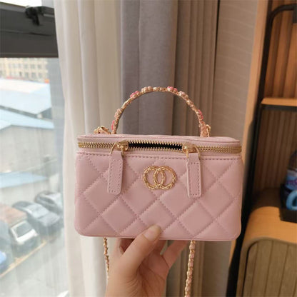 C Series · Genuine Leather Quilted Vanity Bag with Beaded Chain Handle – 4 Colors | Mini Makeup & Handheld Box Bag | Greenyuna