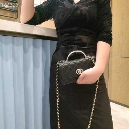 C Series | Genuine Leather Quilted Top-Handle Mini Bag – Golden Metal Frame Design