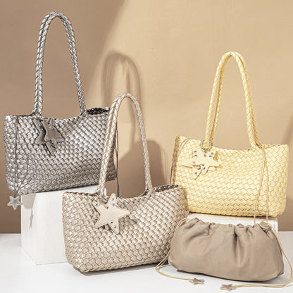 D Series Large Woven PU Tote Bag – 39cm with Star Detail and Drawstring Pouch