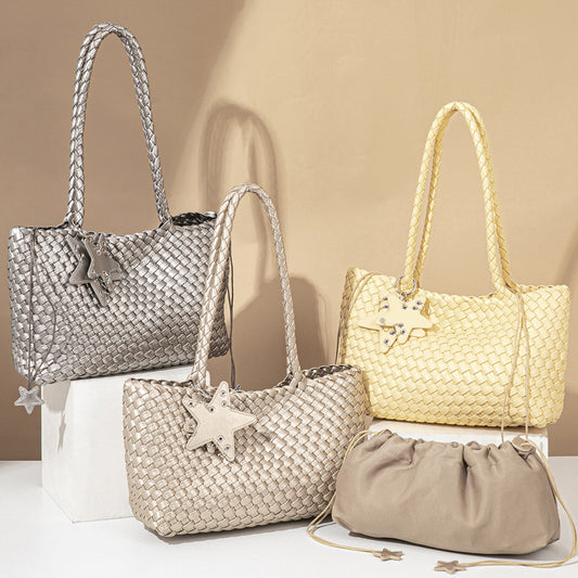 D Series Large Woven PU Tote Bag – 39cm with Star Detail and Drawstring Pouch