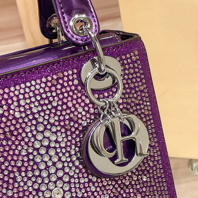 D Series Crystal-Embellished Mini Handbag – 27.5cm Small Bag with Gold or Purple Finish