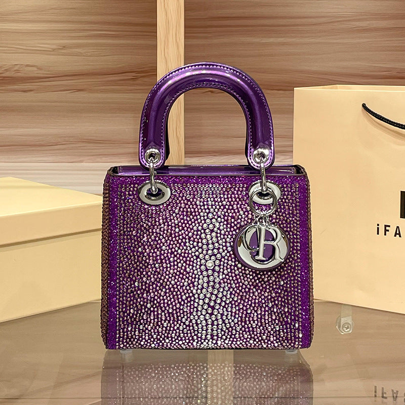 D Series Crystal-Embellished Mini Handbag – 27.5cm Small Bag with Gold or Purple Finish