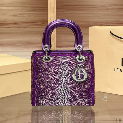 D Series Crystal-Embellished Mini Handbag – 27.5cm Small Bag with Gold or Purple Finish