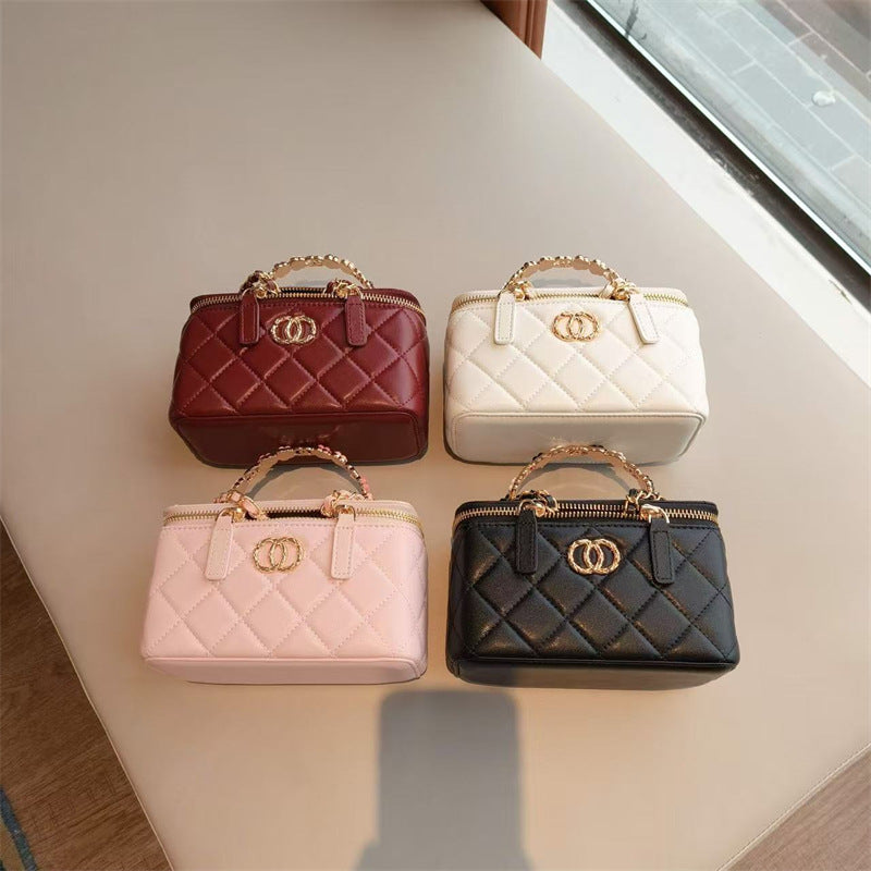 C Series · Genuine Leather Quilted Vanity Bag with Beaded Chain Handle – 4 Colors | Mini Makeup & Handheld Box Bag | Greenyuna