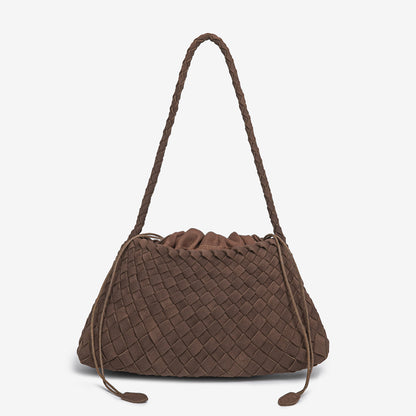 D Series Soft Woven PU Shoulder Bag – 30cm Daily Tote with Drawstring Design