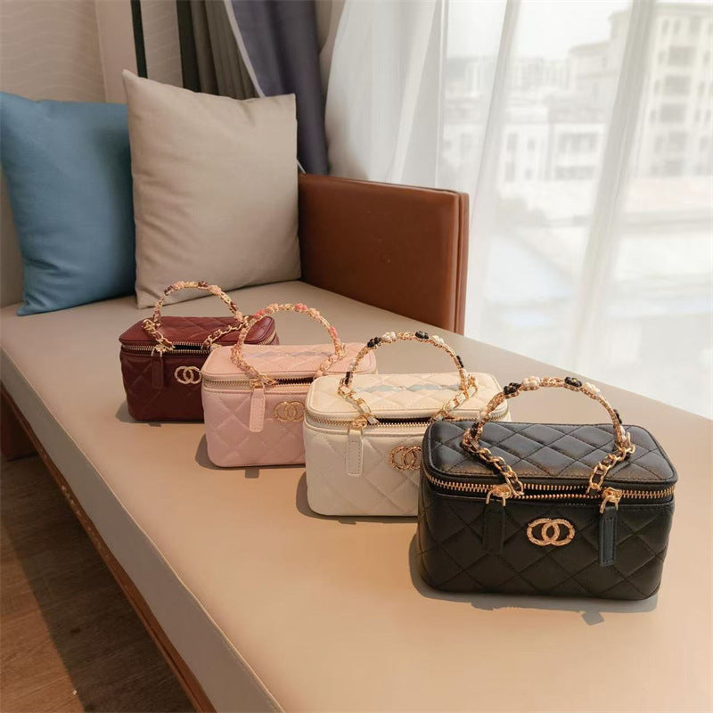 C Series · Genuine Leather Quilted Vanity Bag with Beaded Chain Handle – 4 Colors | Mini Makeup & Handheld Box Bag | Greenyuna