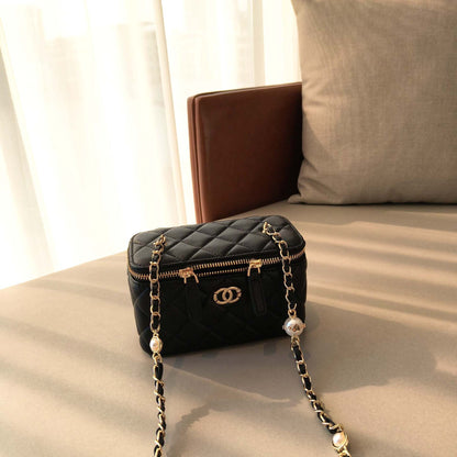 C Series · Genuine Leather Quilted Medium Vanity Box Bag – Pearl & Chain Strap | 4 Colors | Greenyuna