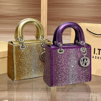 D Series Crystal-Embellished Mini Handbag – 27.5cm Small Bag with Gold or Purple Finish