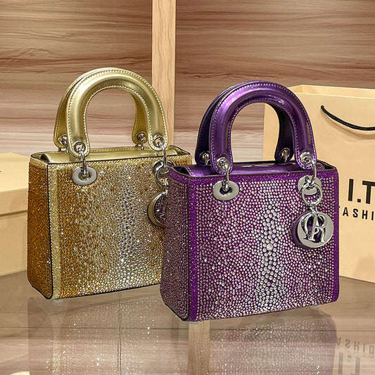 D Series Crystal-Embellished Mini Handbag – 27.5cm Small Bag with Gold or Purple Finish