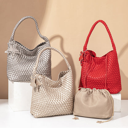 D Series Large Woven PU Tote Bag – 30cm with Star Detail and Top Handle
