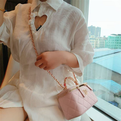 C Series · Genuine Leather Quilted Vanity Bag with Beaded Chain Handle – 4 Colors | Mini Makeup & Handheld Box Bag | Greenyuna