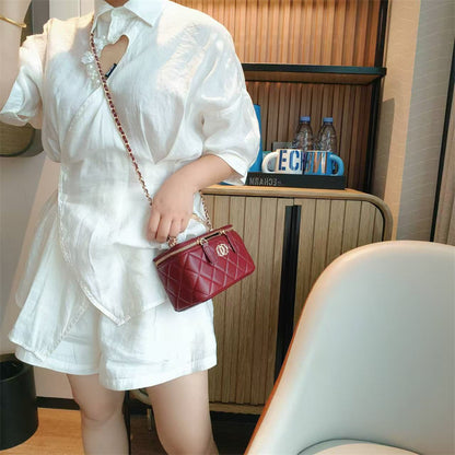 C Series · Genuine Leather Quilted Vanity Bag with Beaded Chain Handle – 4 Colors | Mini Makeup & Handheld Box Bag | Greenyuna