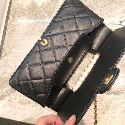 C Series 6010 Genuine Leather Quilted Pearl-Handle Flap Chain Bag – 5 Colors | Elegant Shoulder & Crossbody | Greenyuna