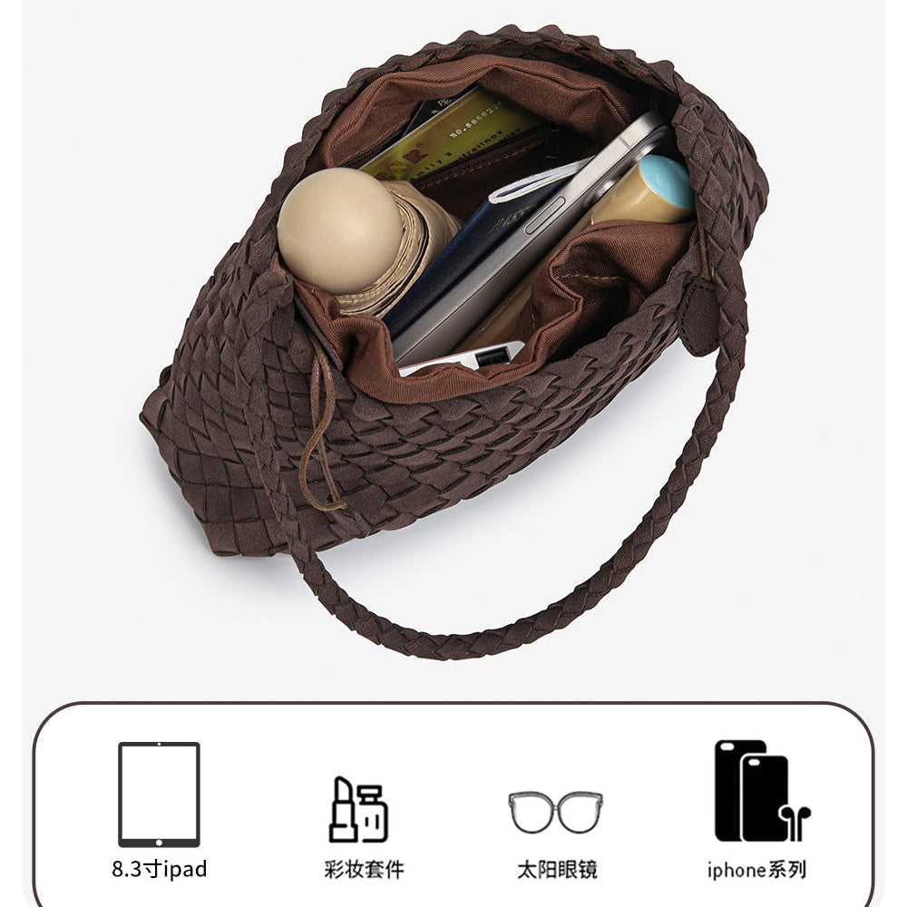 D Series Soft Woven PU Shoulder Bag – 30cm Daily Tote with Drawstring Design