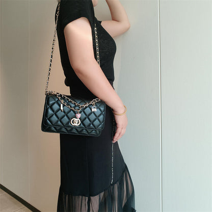 C Series · Genuine Leather Quilted Medium Flap Bag with Charm Chain – 4 Colors | Greenyuna
