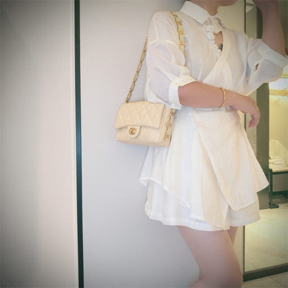 Mini Genuine Leather Quilted Flap Crossbody Bag – 6 Colors | Gold Chain | Greenyuna