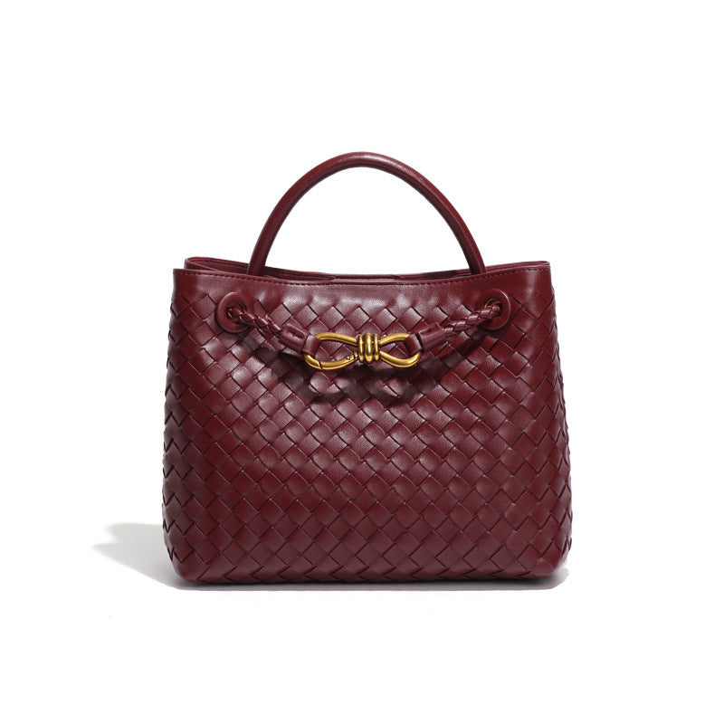 D Series Mini Woven PU Tote Bag – 25cm Handbag with Crossbody Strap