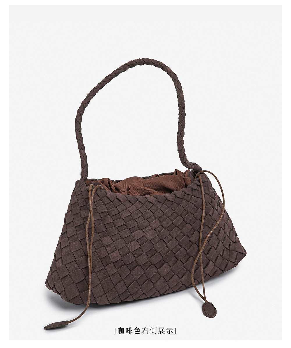 D Series Soft Woven PU Shoulder Bag – 30cm Daily Tote with Drawstring Design