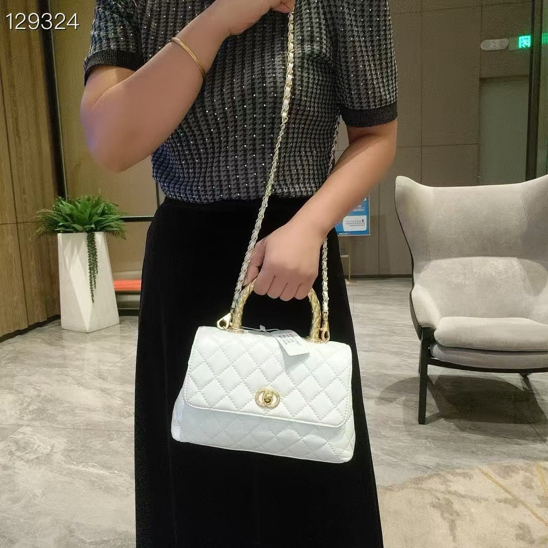 C Series · Genuine Leather Quilted Twisted-Metal Handle Flap Bag – 4 Colors | Elegant Top Handle | Greenyuna