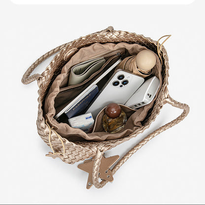 D Series Large Woven PU Tote Bag – 39cm with Star Detail and Drawstring Pouch