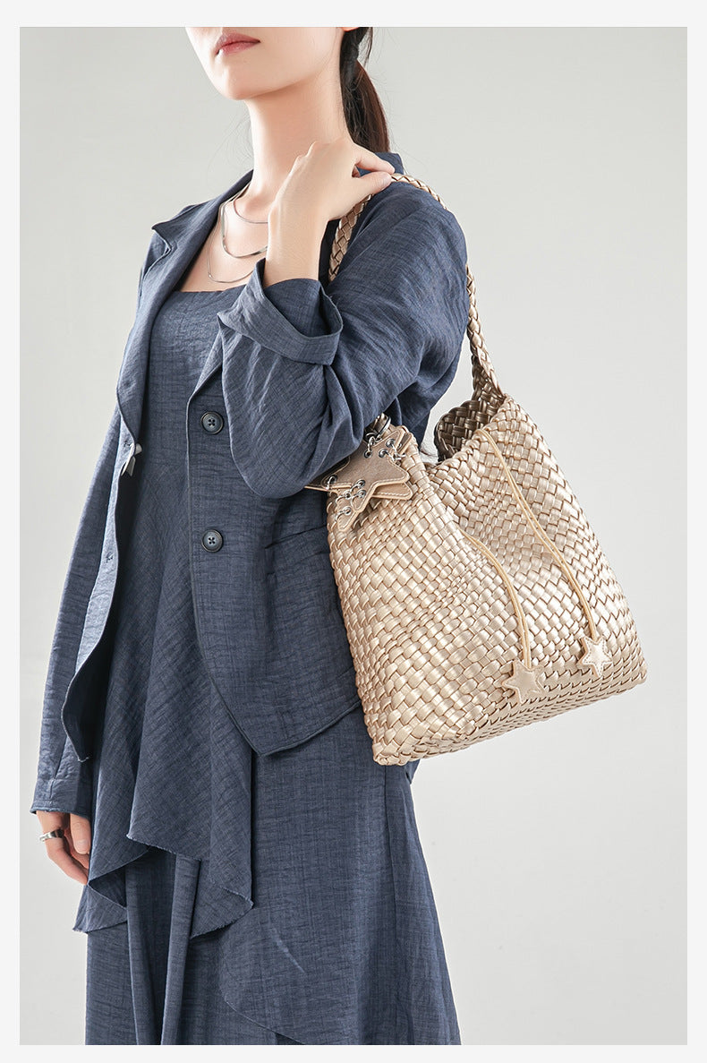 D Series Large Woven PU Tote Bag – 30cm with Star Detail and Top Handle