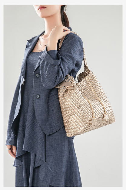 D Series Large Woven PU Tote Bag – 30cm with Star Detail and Top Handle