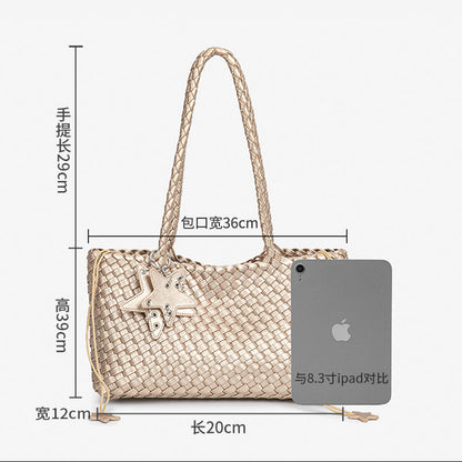 D Series Large Woven PU Tote Bag – 39cm with Star Detail and Drawstring Pouch