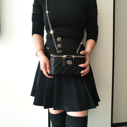 C Series · Genuine Leather Quilted Medium Vanity Box Bag – Pearl & Chain Strap | 4 Colors | Greenyuna