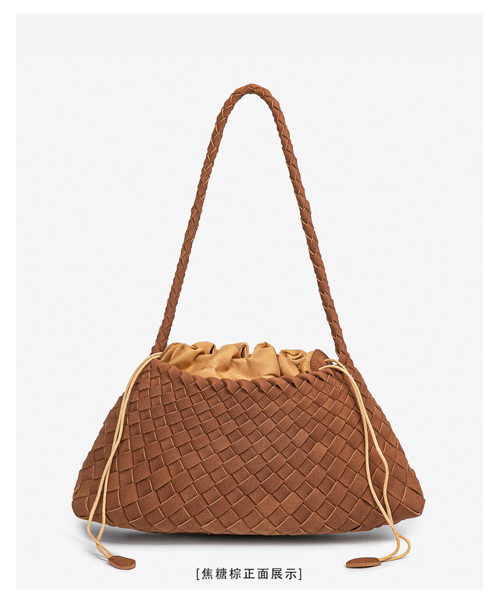 D Series Soft Woven PU Shoulder Bag – 30cm Daily Tote with Drawstring Design