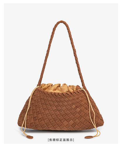 D Series Soft Woven PU Shoulder Bag – 30cm Daily Tote with Drawstring Design